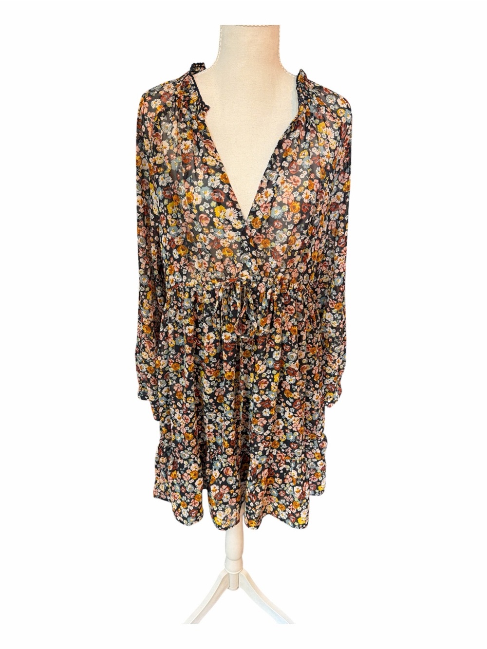 Zara NWT Floral Boho Tie Waist Long Sleeve Mini Dress XL